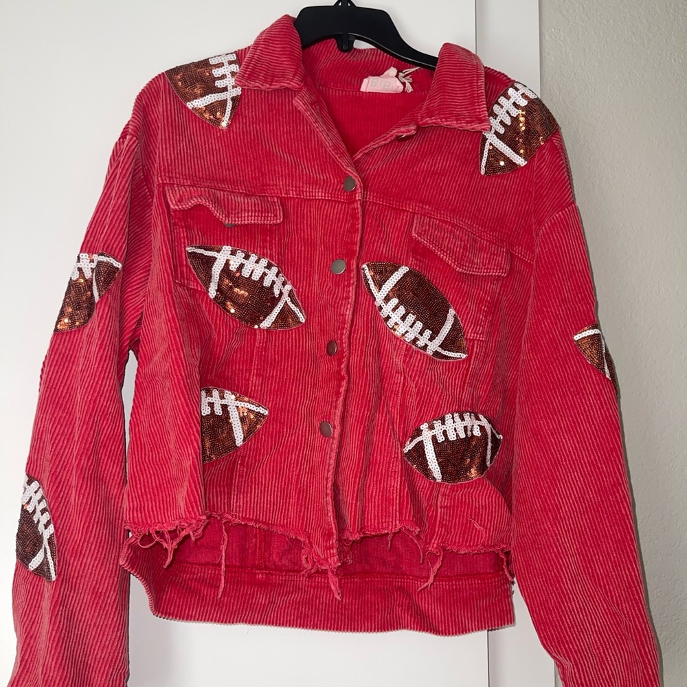 Red Corduroy Jacket with Sequin Football Patches
